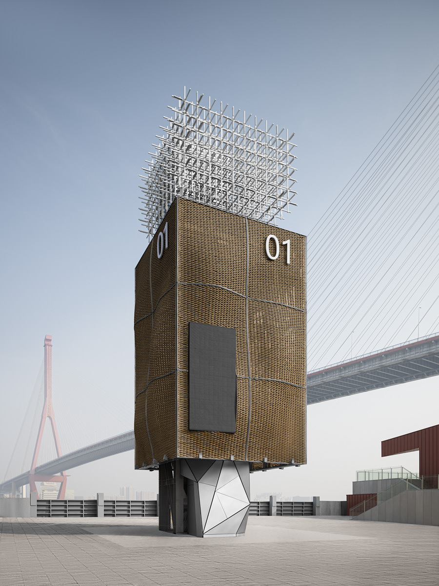 An architectural still of a contemporary woven facade and geometric base, framed against Shanghai’s skyline.